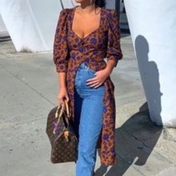 NWT Zara Dress Midi Length Button Front Convertible Duster Dress Brown Blue XS - Picture 7 of 16